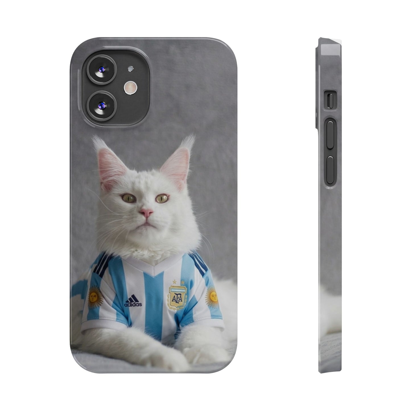 White Cat in Argentina Soccer Jersey Slim Phone Case | Cute Pet Sports Design