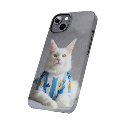 White Cat in Argentina Soccer Jersey Slim Phone Case | Cute Pet Sports Design