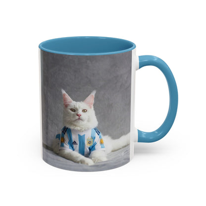 Cat in Argentina Soccer Jersey Mug, Funny White Cat Coffee Mug, Argentina Football Fan Gift, Cute Cat Lover Gift, Soccer Fan Ceramic Mug