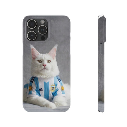 White Cat in Argentina Soccer Jersey Slim Phone Case | Cute Pet Sports Design