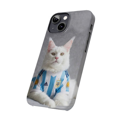 White Cat in Argentina Soccer Jersey Slim Phone Case | Cute Pet Sports Design
