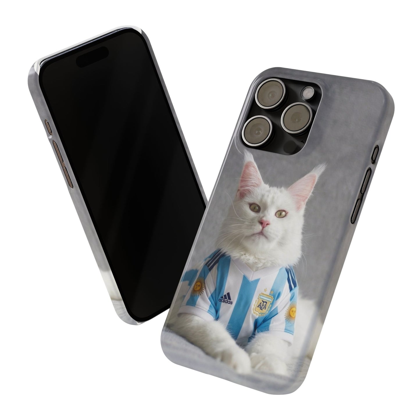 White Cat in Argentina Soccer Jersey Slim Phone Case | Cute Pet Sports Design