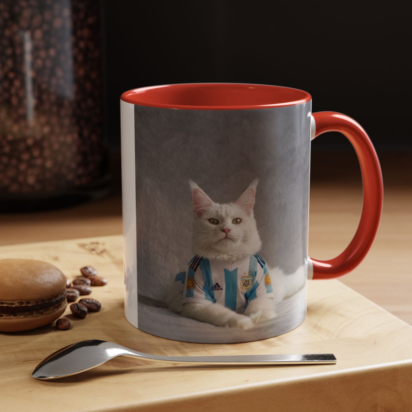 Cat in Argentina Soccer Jersey Mug, Funny White Cat Coffee Mug, Argentina Football Fan Gift, Cute Cat Lover Gift, Soccer Fan Ceramic Mug