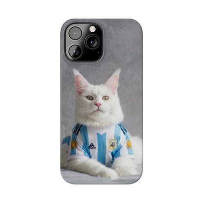 White Cat in Argentina Soccer Jersey Slim Phone Case | Cute Pet Sports Design