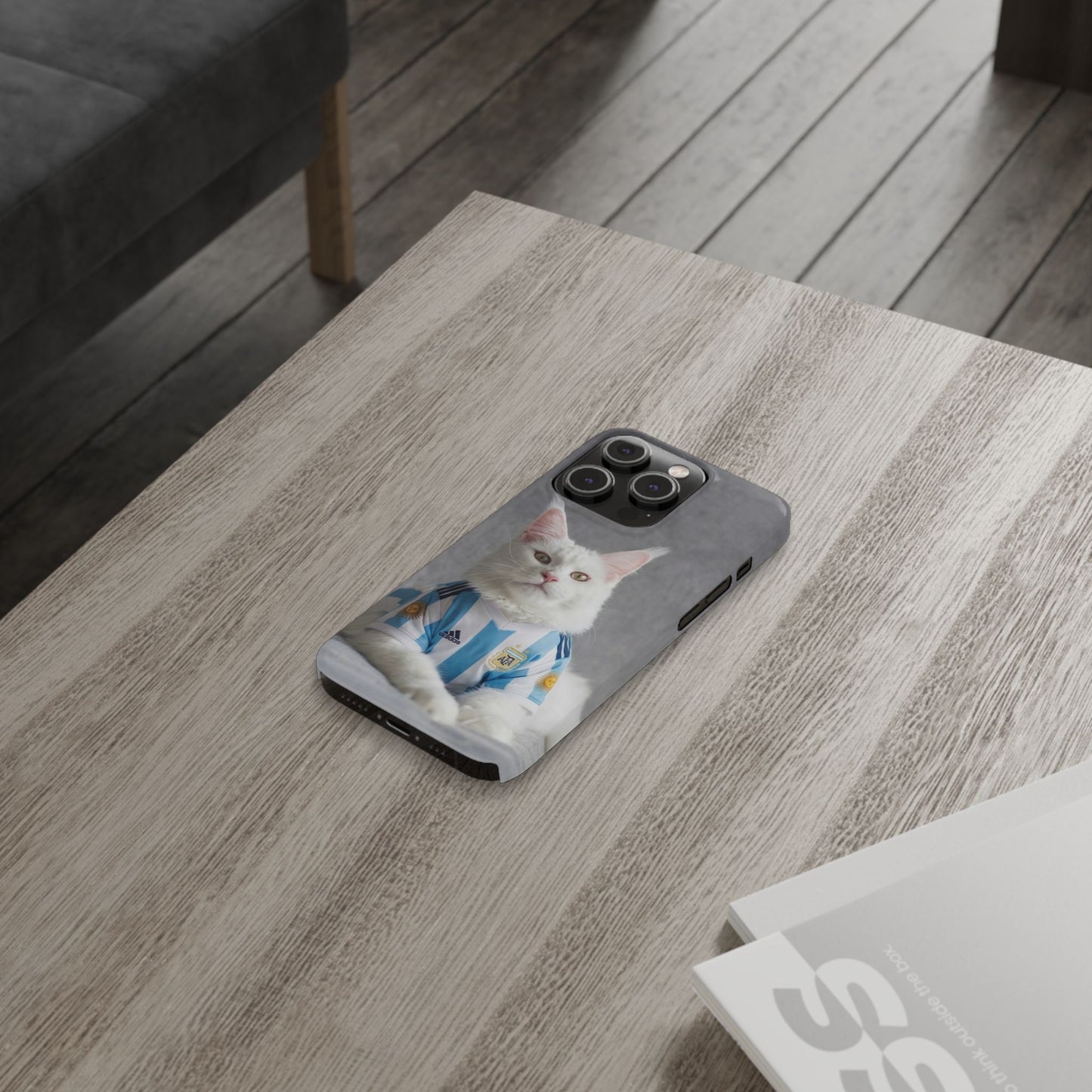 White Cat in Argentina Soccer Jersey Slim Phone Case | Cute Pet Sports Design