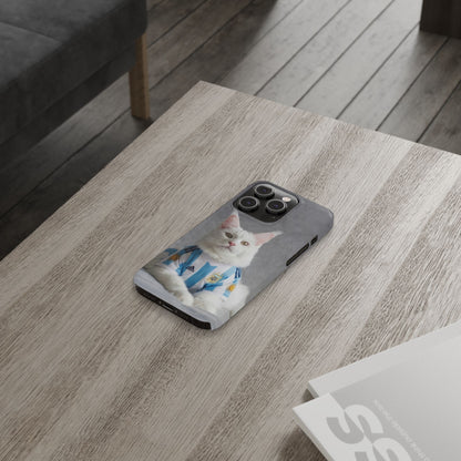White Cat in Argentina Soccer Jersey Slim Phone Case | Cute Pet Sports Design