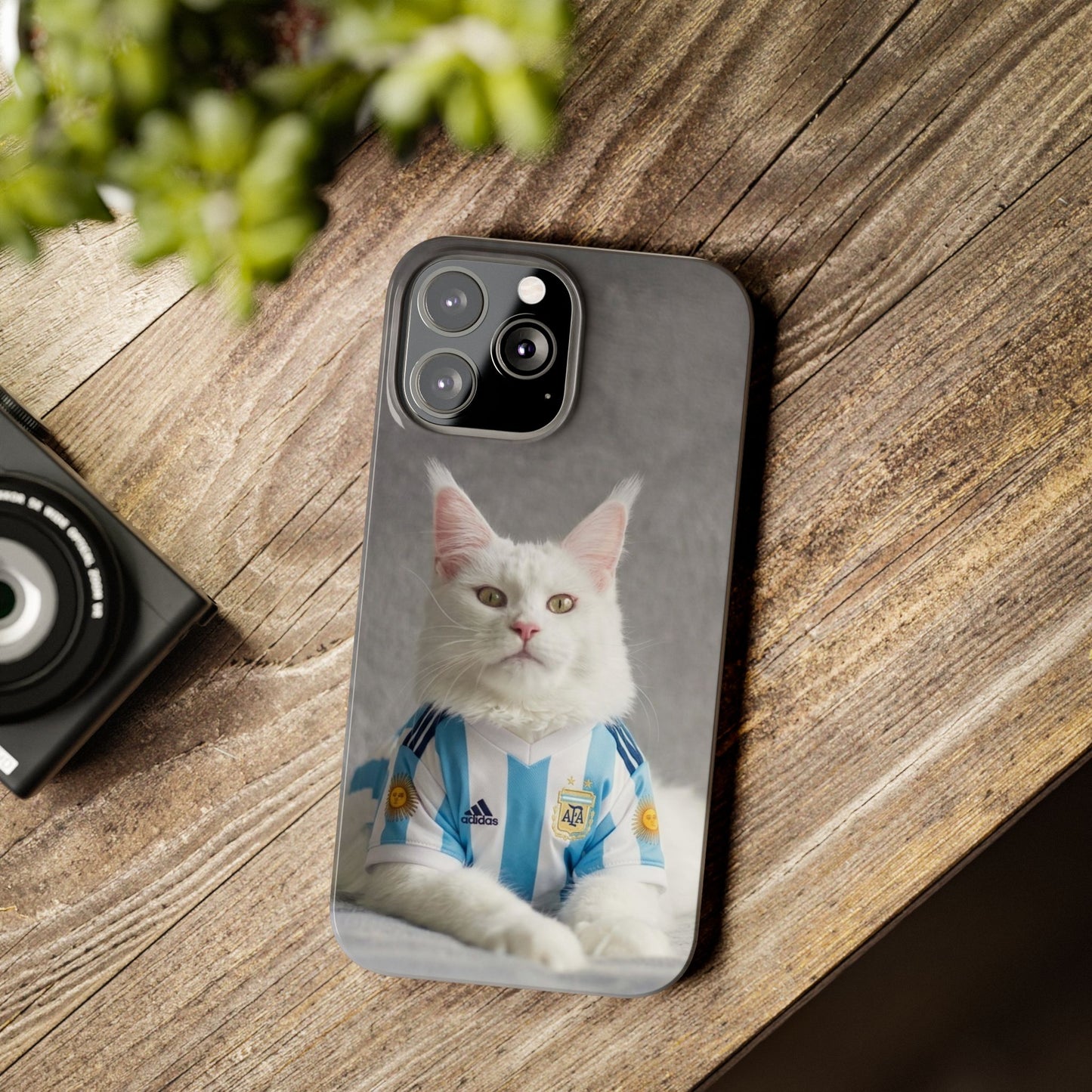 White Cat in Argentina Soccer Jersey Slim Phone Case | Cute Pet Sports Design