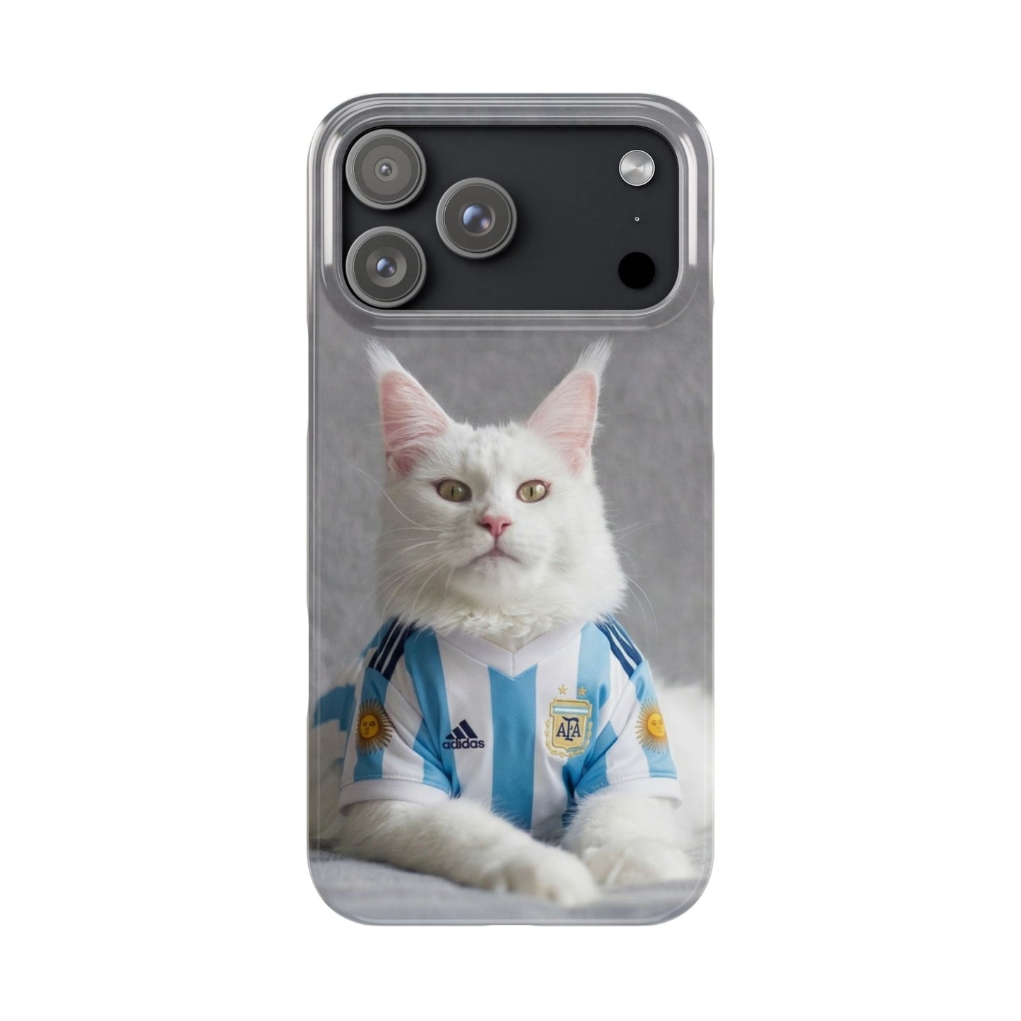 White Cat in Argentina Soccer Jersey Slim Phone Case | Cute Pet Sports Design