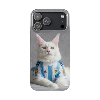 White Cat in Argentina Soccer Jersey Slim Phone Case | Cute Pet Sports Design