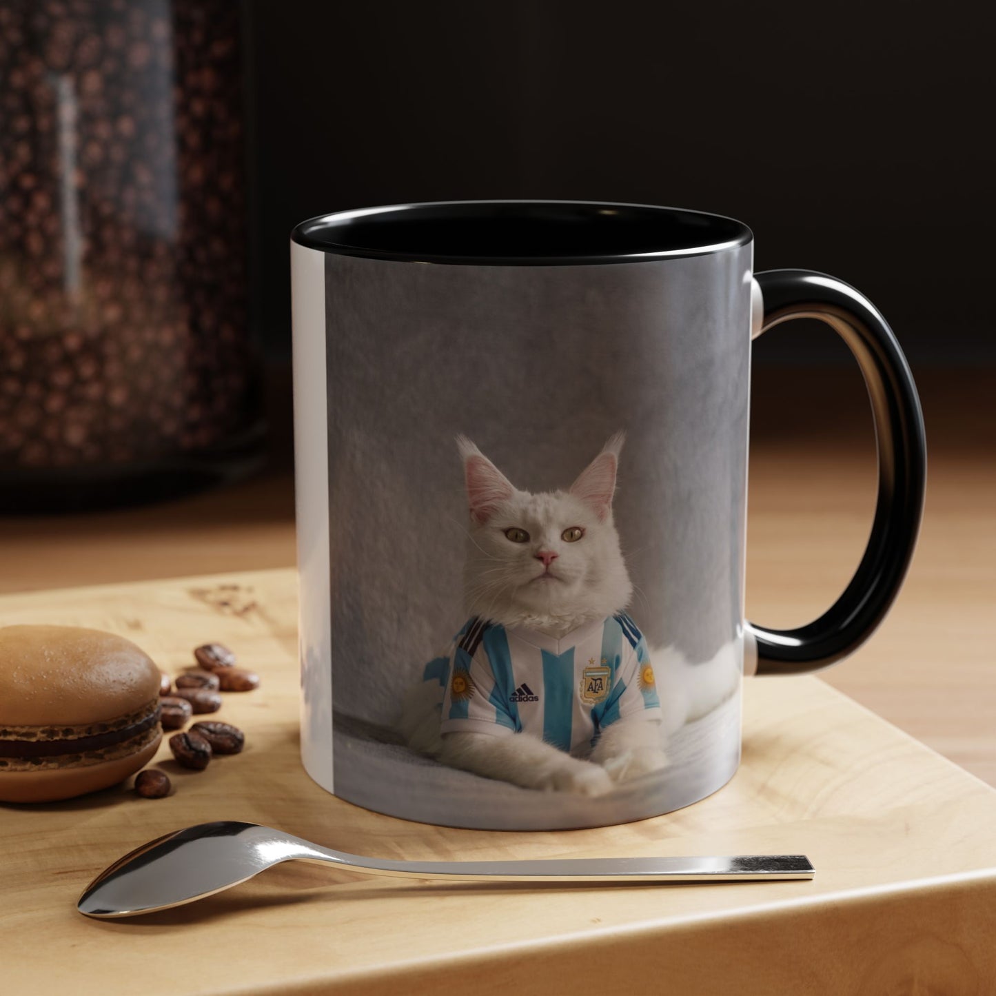 Cat in Argentina Soccer Jersey Mug, Funny White Cat Coffee Mug, Argentina Football Fan Gift, Cute Cat Lover Gift, Soccer Fan Ceramic Mug