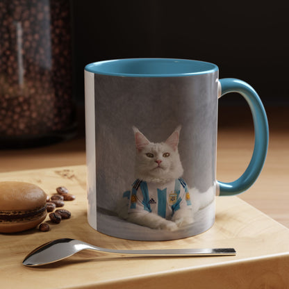 Cat in Argentina Soccer Jersey Mug, Funny White Cat Coffee Mug, Argentina Football Fan Gift, Cute Cat Lover Gift, Soccer Fan Ceramic Mug
