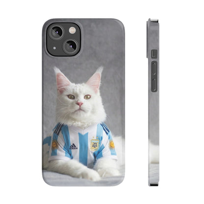White Cat in Argentina Soccer Jersey Slim Phone Case | Cute Pet Sports Design