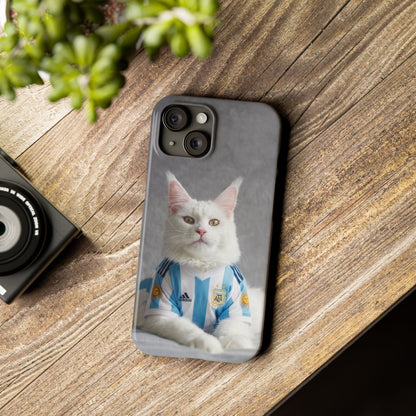 White Cat in Argentina Soccer Jersey Slim Phone Case | Cute Pet Sports Design