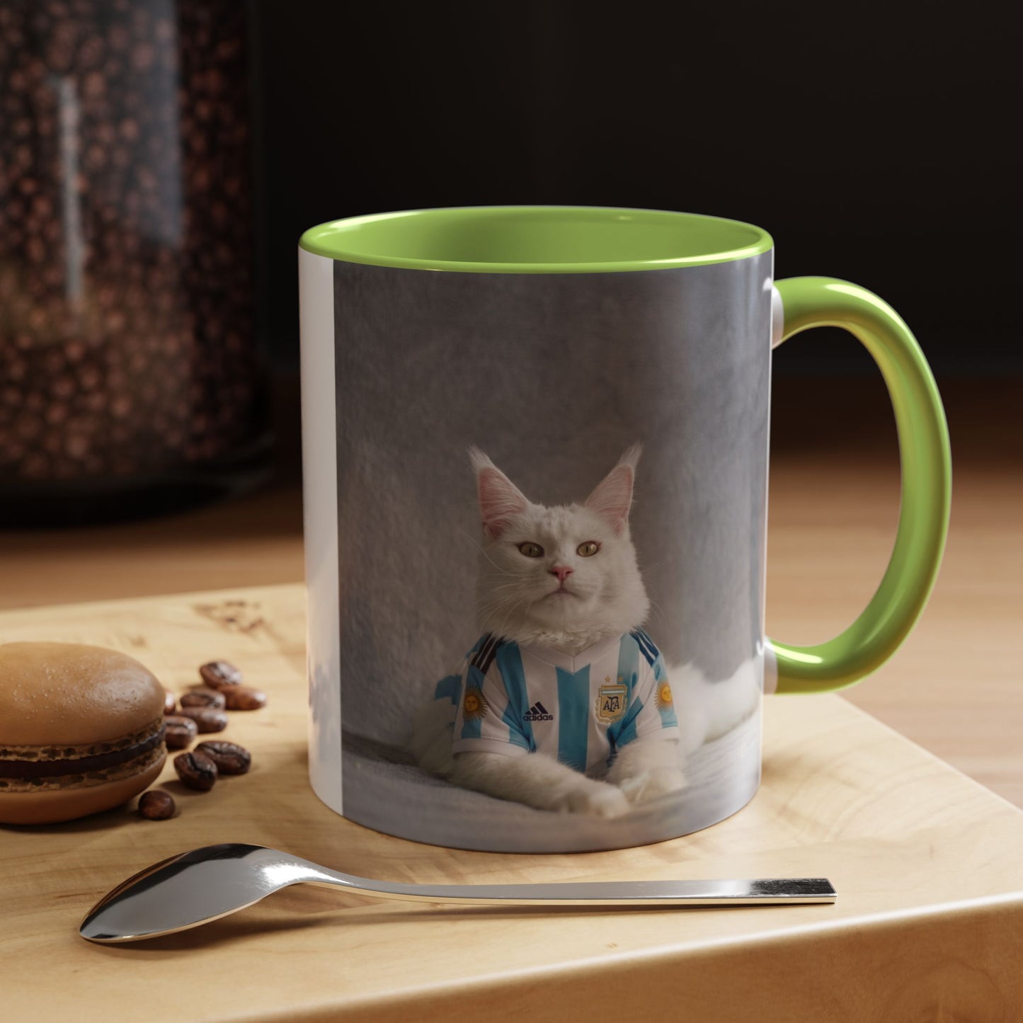Cat in Argentina Soccer Jersey Mug, Funny White Cat Coffee Mug, Argentina Football Fan Gift, Cute Cat Lover Gift, Soccer Fan Ceramic Mug