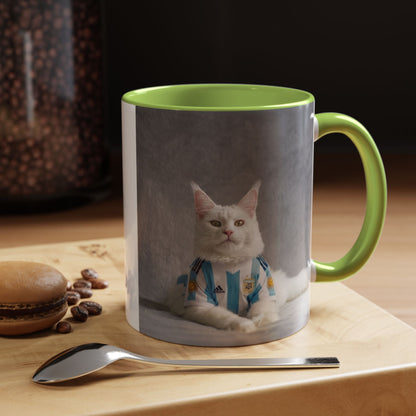 Cat in Argentina Soccer Jersey Mug, Funny White Cat Coffee Mug, Argentina Football Fan Gift, Cute Cat Lover Gift, Soccer Fan Ceramic Mug