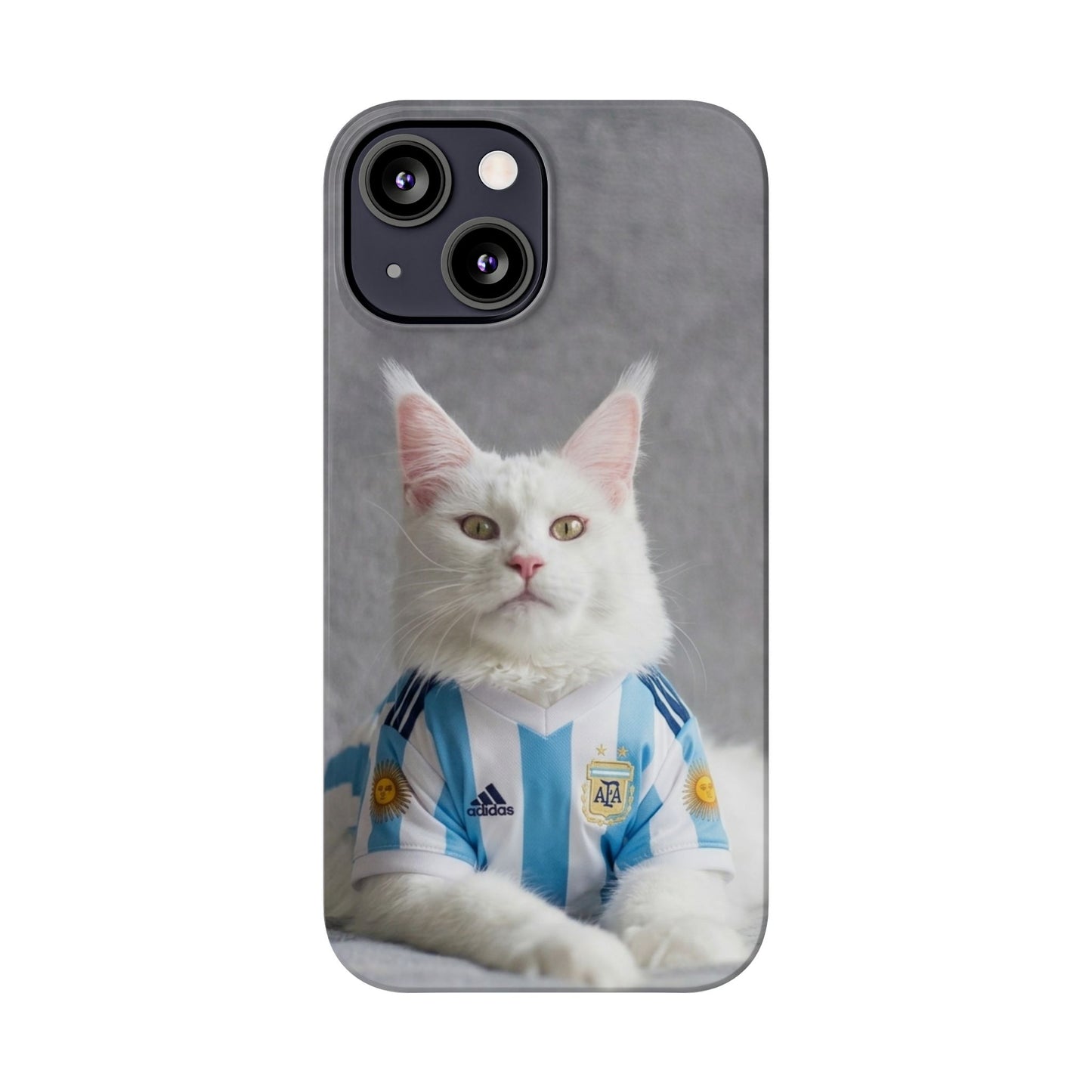 White Cat in Argentina Soccer Jersey Slim Phone Case | Cute Pet Sports Design
