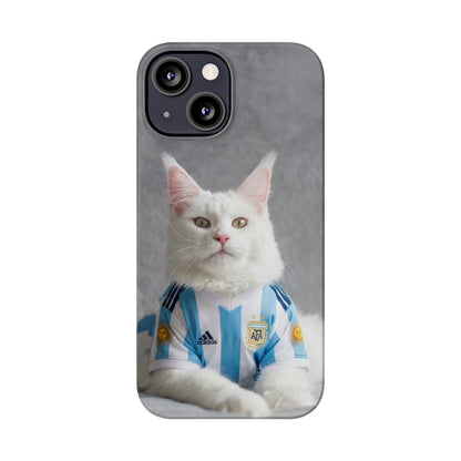 White Cat in Argentina Soccer Jersey Slim Phone Case | Cute Pet Sports Design