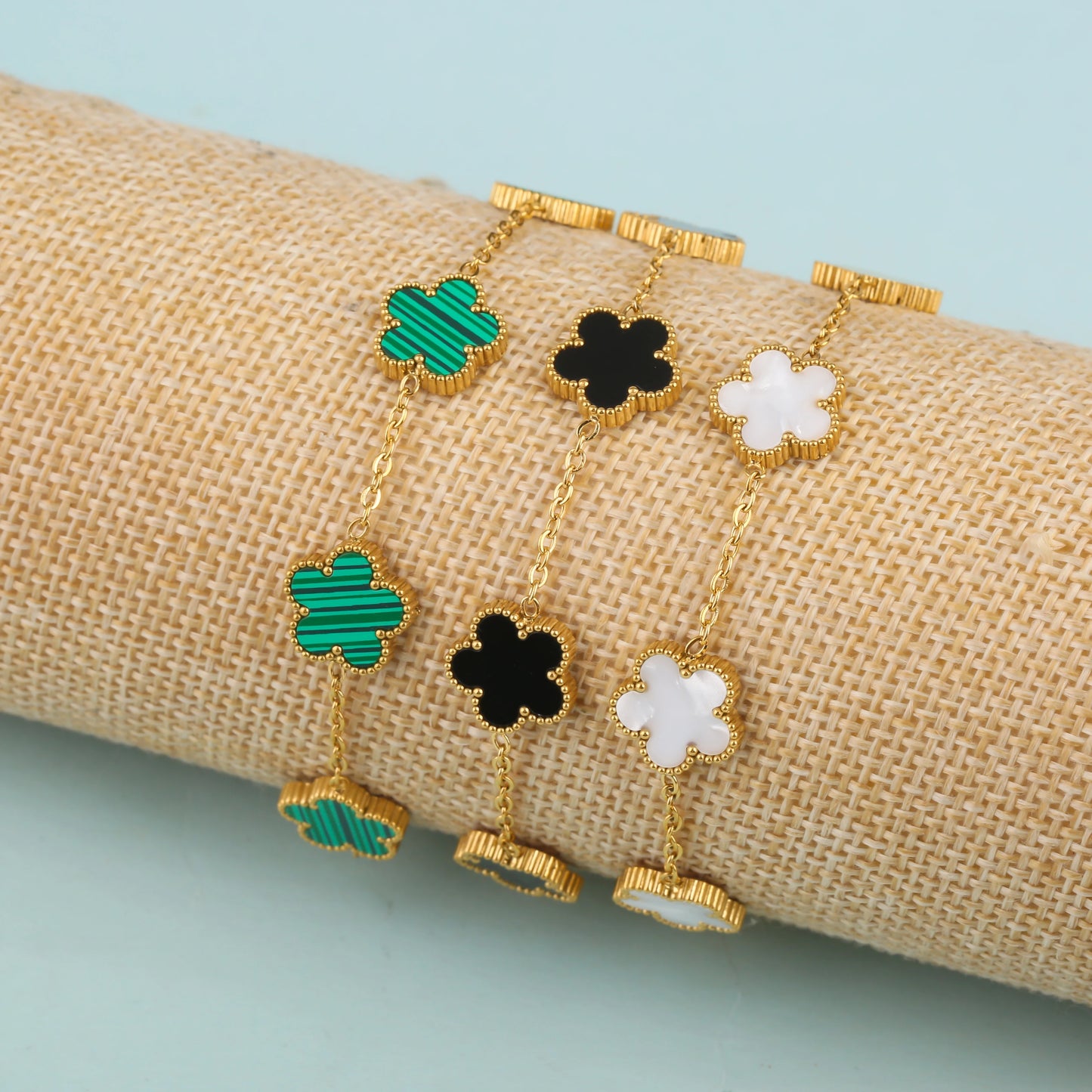 Elegant Adjustable Stainless Steel Clover Bracelet with Five Leaf Flower and Acrylic Accents for Women