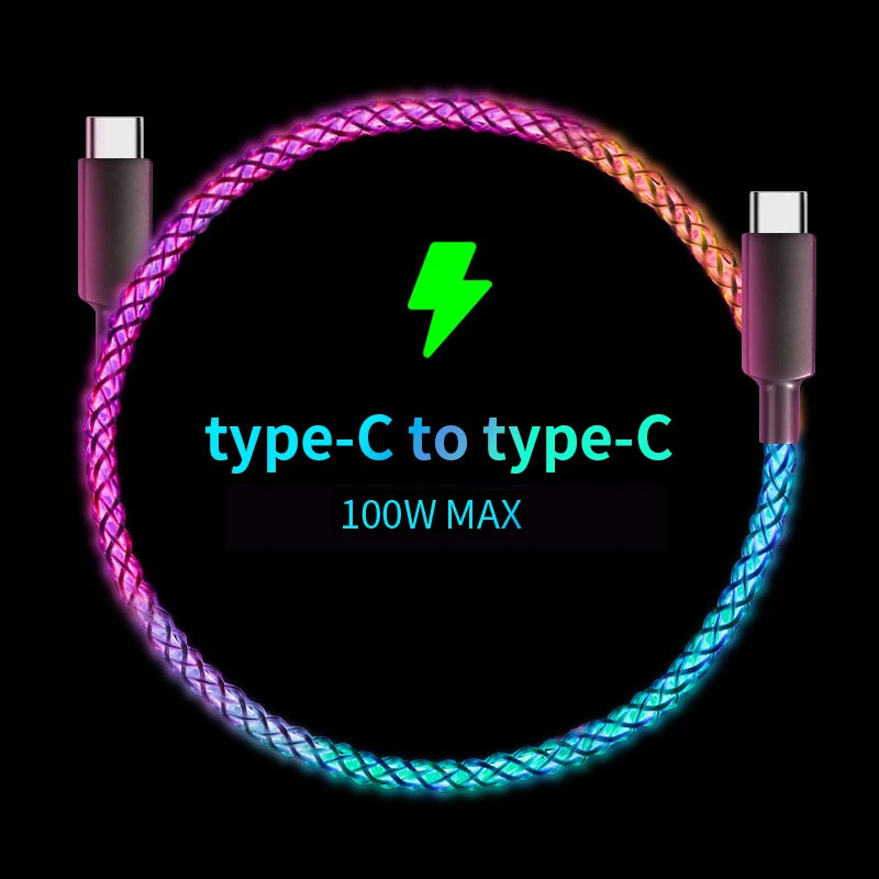 Ultra-Fast 100W RGB Charging Cable with Breathing Light - Compatible with iPhone, Samsung, Huawei, & Xiaomi for 30W Quick Charge!